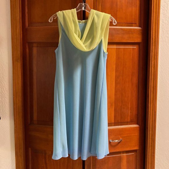 Boutique Geary Roark Kamisato Sleeveless Dress blue/lime green w/scarf - Size 10 - Picture 4 of 13